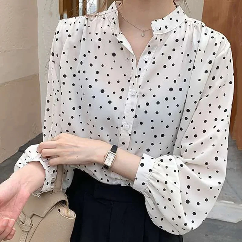 Dot Print Women\'s Blouses Long Sleeve Elegant Office Lady Chiffon Shirts Stand Collar Korea Style Top Casual Loose White Blusas