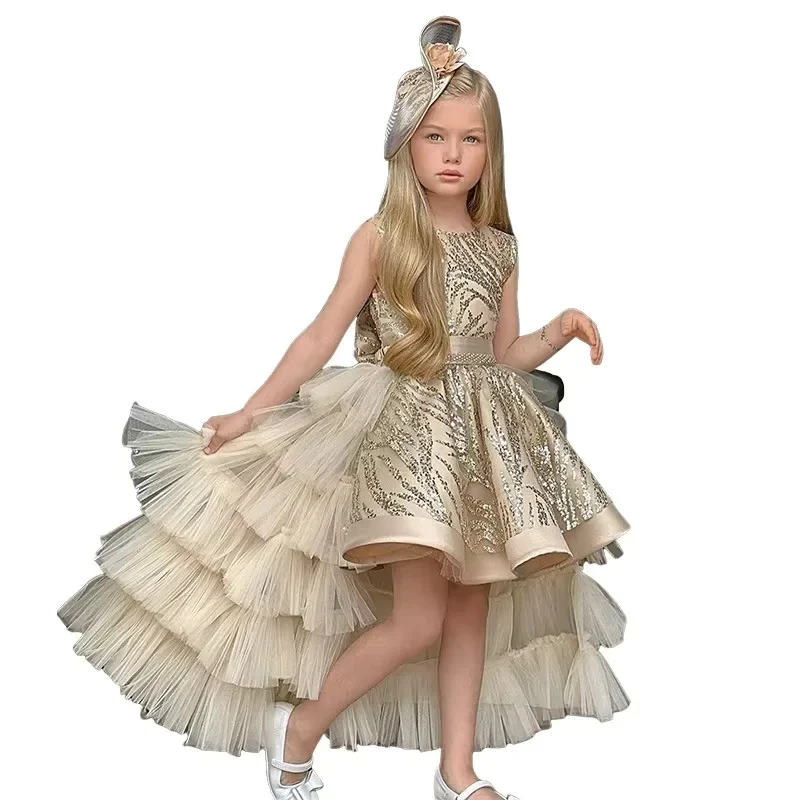 Girls Evening Dress Sleeveless Sequined Embroidery Gown Tiered Tulle Asymmetric Hem Formal Party Dress Kids Pageant Costume Wit image 5