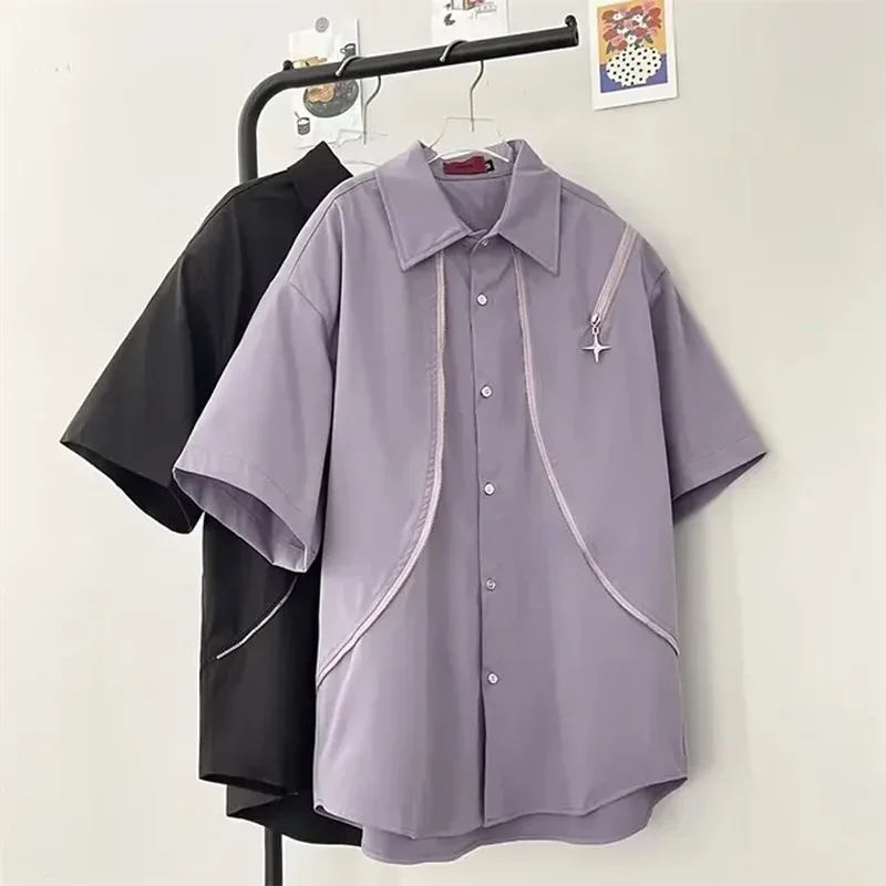 Korean Style Ins Metal Zipper Design Sensibility Purple Shirt Men Women's Summer High Street Sweet Wind Short Sleeves Tank Top