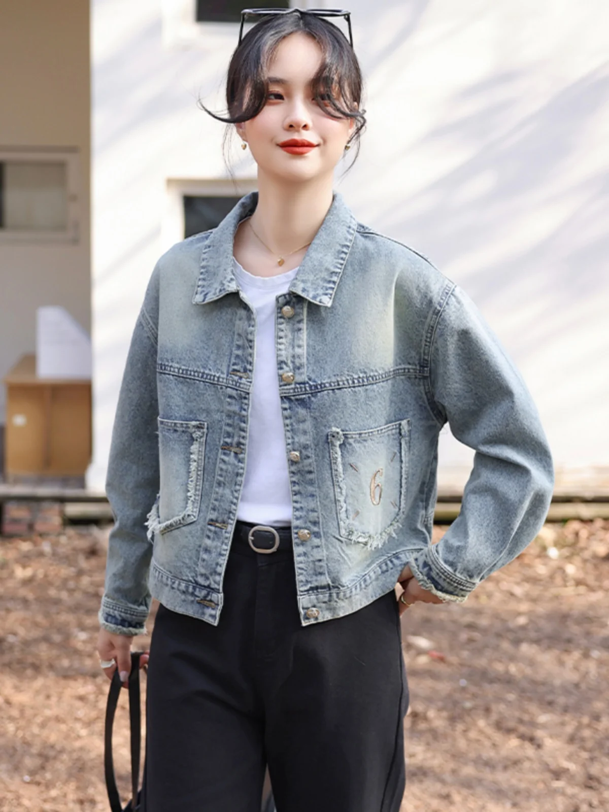 

Spring Autumn ort Denim Jaet Women's Casual Loose Slimming Top Korean Sle Button up Long Sve Regular Length