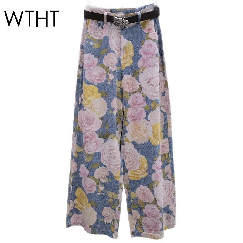 

WTHT Vintage Flower Print Design Straight Jeans For Women 2025 Summer Fashion High Waist Wide Leg Denim Pants Female 1LS1947