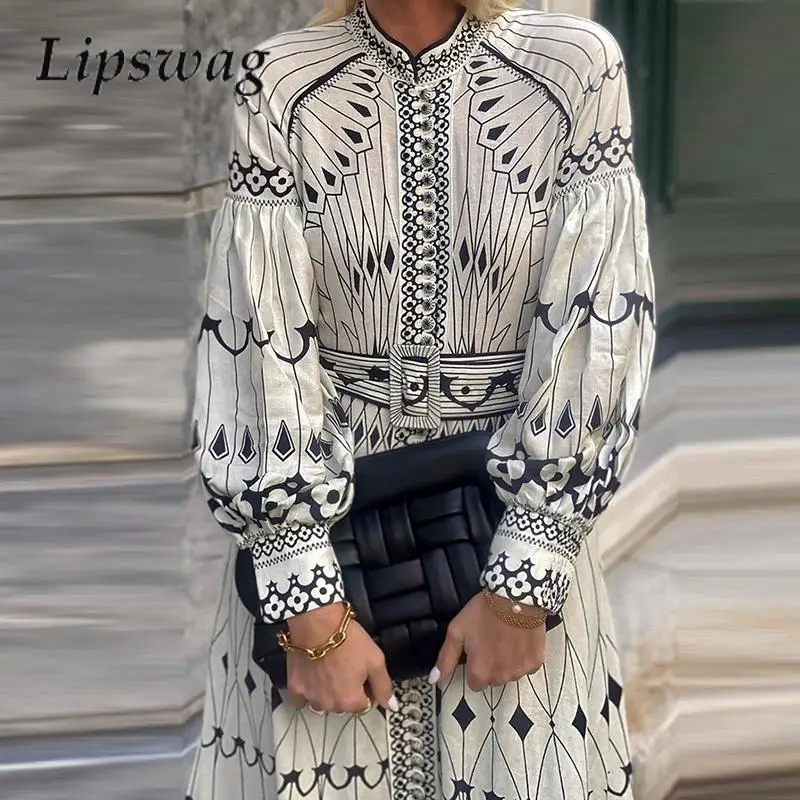

Chic Women Long Sleeve Evening Dress with Belt Elegant 2024 Ethnic Print Long Dress Retro Stand Collar Button Big Hem Dresses