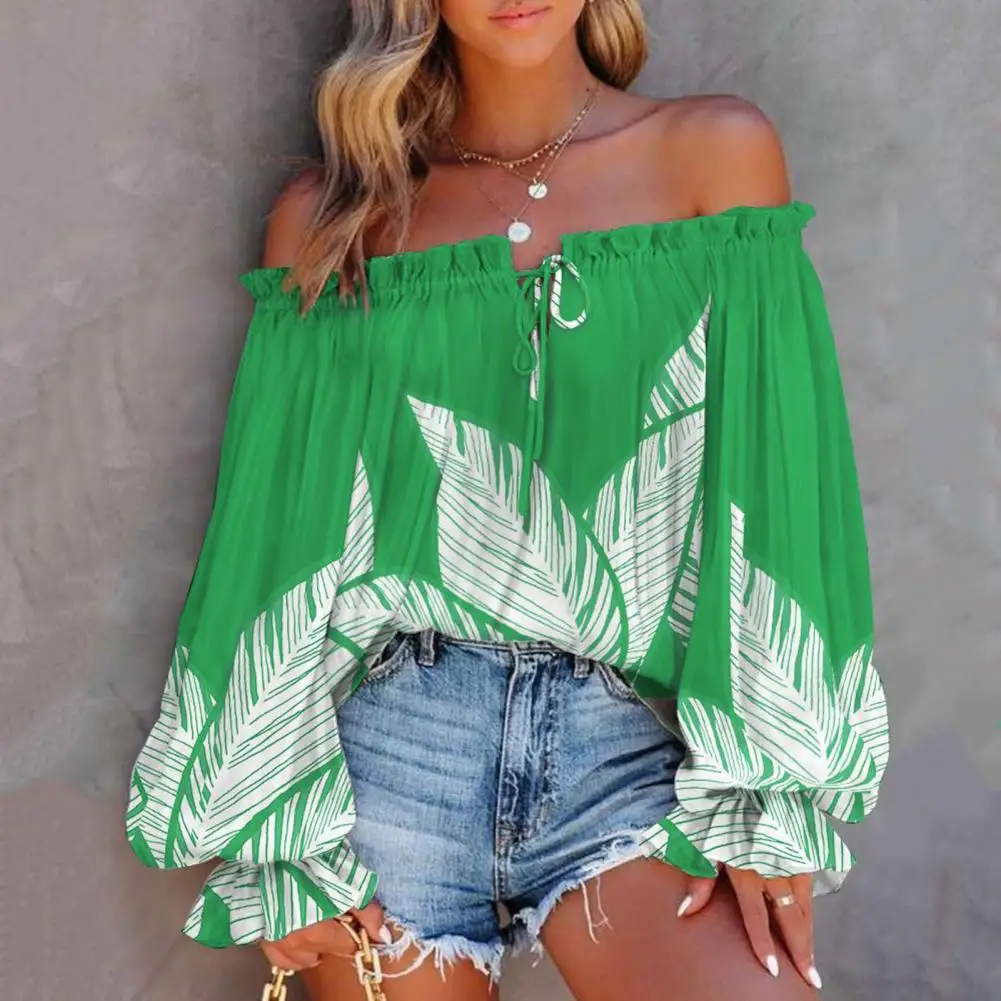 Sexy Off Shoulder Print Shirt Female Loose Lace Up Trumpet Sleeve Pullover Spring Summer Fashion Street Vintage Women's Blouse