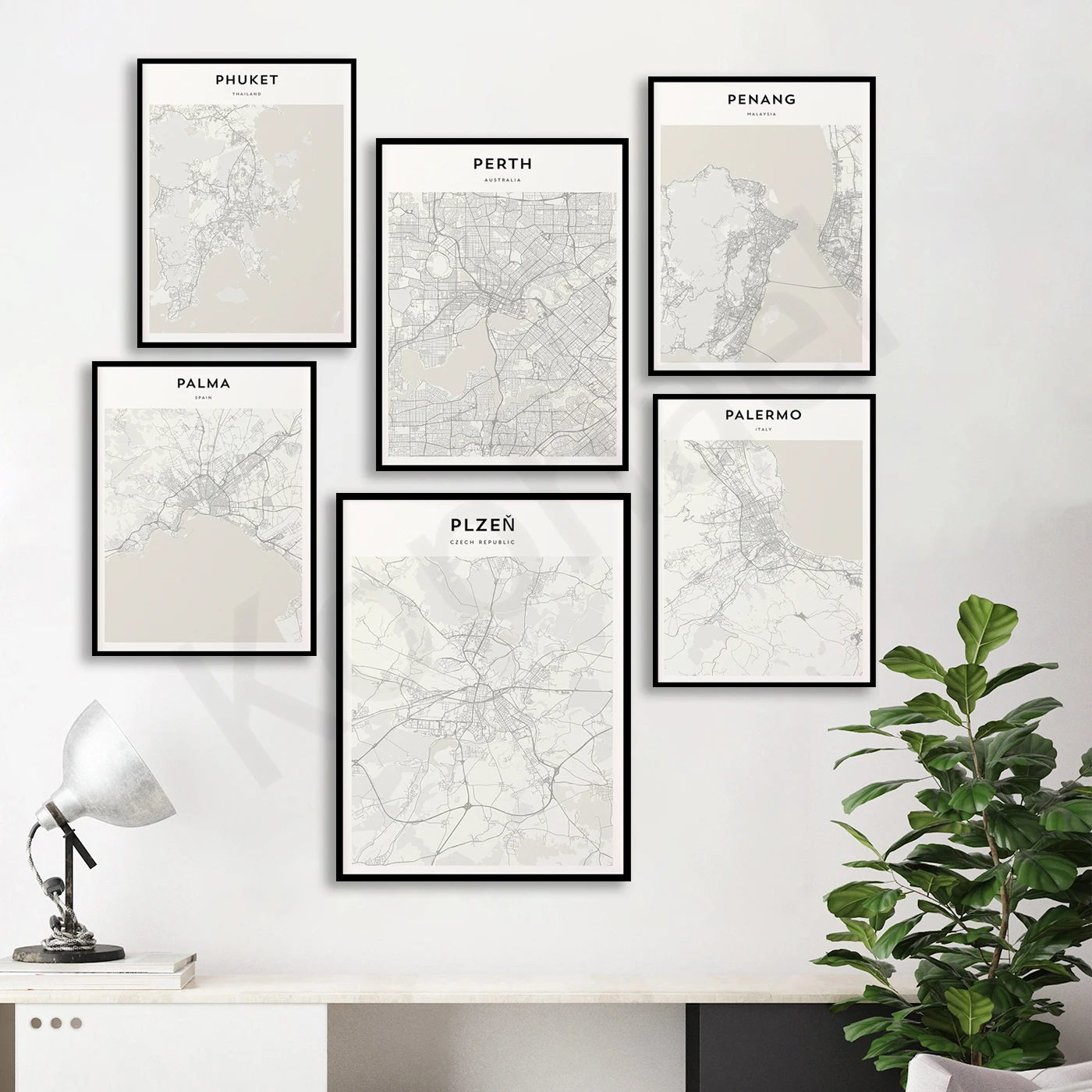 Pamplona de Panamá Palma, palmeras, Perth, Penang, Pecs, patrones, Pilsen, Phnom Penh, Peterborough. Póster de mapa de viaje de ciudad