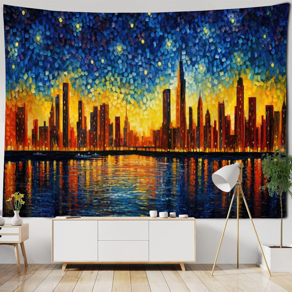 Urban night scene oil painting tapestry wall hanging, retro starry sky decoration home mural, polyester fabric blanket bed sheet