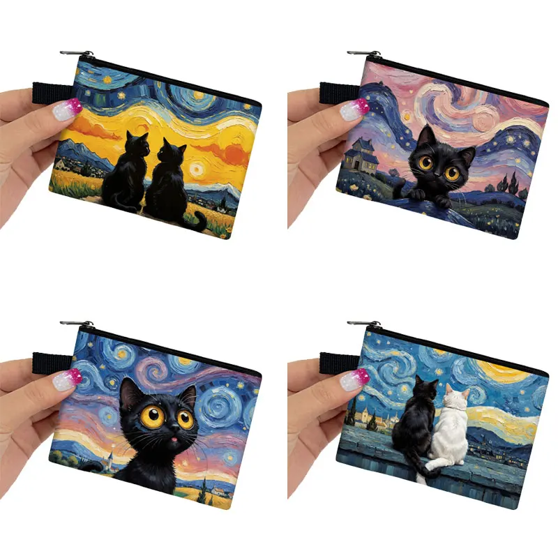 Oil Painting Van Gogh Black Cat Pattern Coin Bag The Starry Night Women Card Key Credit Card Earphone Holder Zipper Pouch Gift