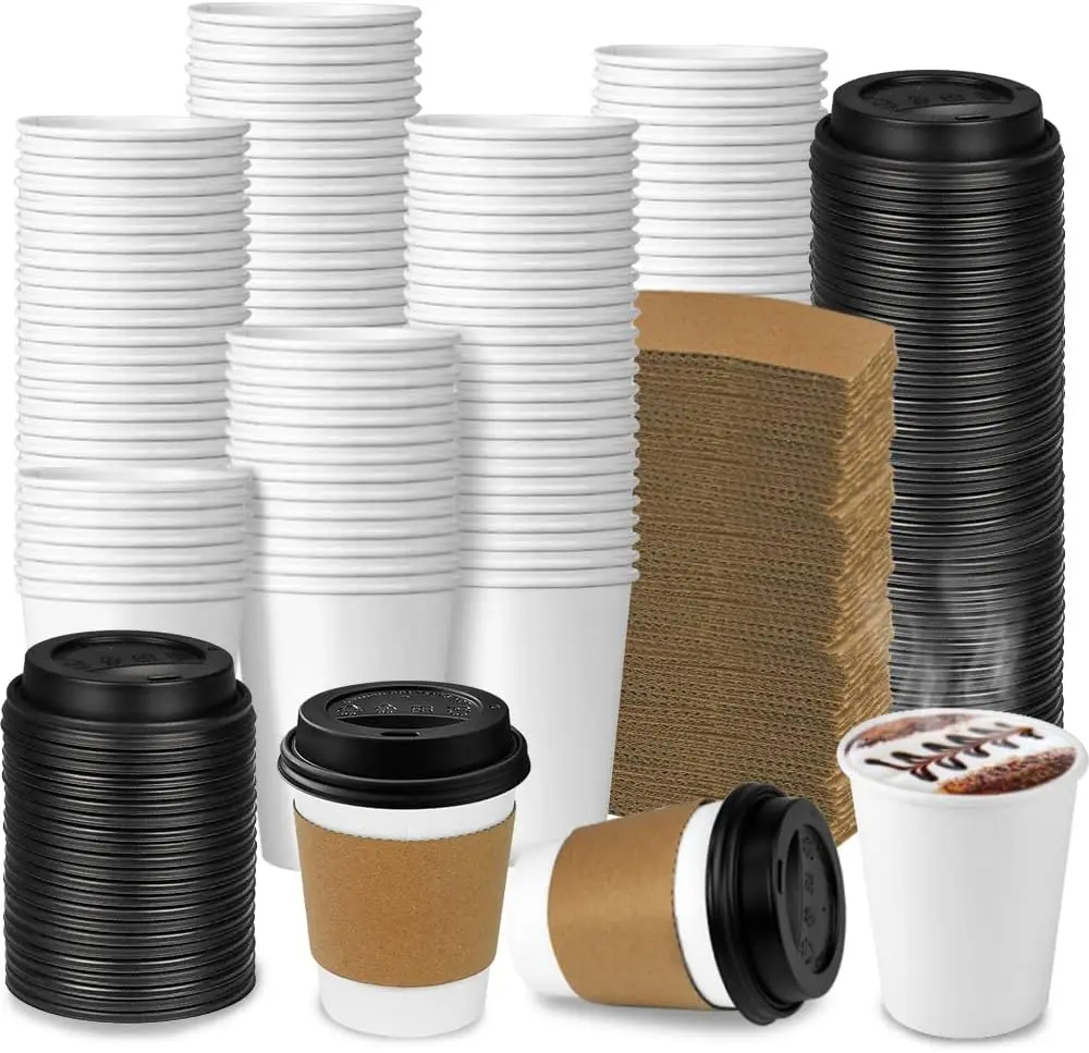 

100-Pack 8 oz Thickened Disposable Coffee Cups with Lids and Sleeves, To Go Cups for Hot Beverages, Perfect for Hot Coff