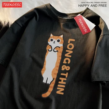 날씬한 고양이 줄무늬 여름 오렌지 고양이 샴 어깨 드롭 반팔 티셔츠, 남성 여성 코튼 트렌드 재미있는 고양이 일본 티