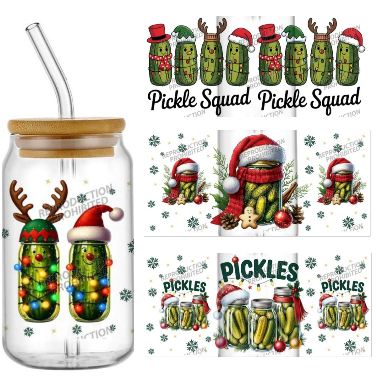 

16 унций Рождественский дизайн Pickle Squad UV DTF чашки обертывания водонепроницаемые переводные наклейки для телефона для очков чашки кружки DIY поделки