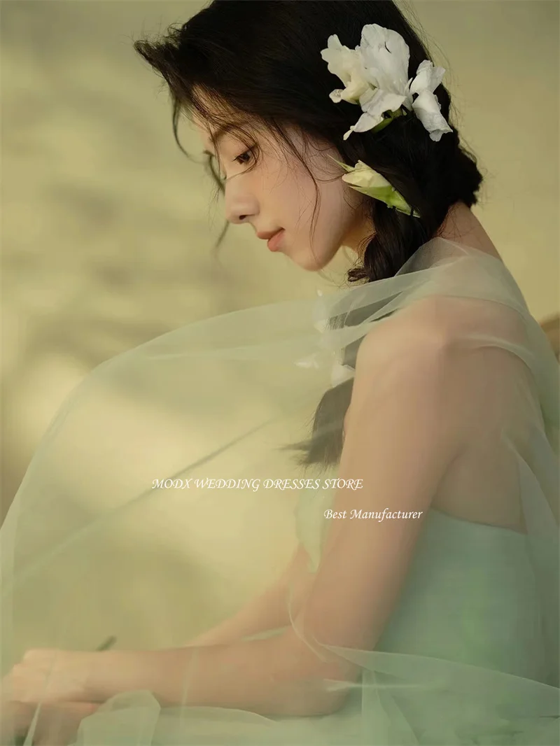 MODX Fairy Light Green Tulle Wedding Dresses Korea Photoshoot Strapless Tiered Garden Bridal Gowns Corset Back Evening Party