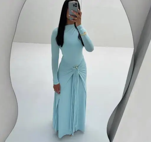 가을 신상 여성용 연한 파란색 긴소매 맥시 드레스 트위스트 매듭 디테일과 플리츠 디자인 슬림 핏 우아한 롱 스커트