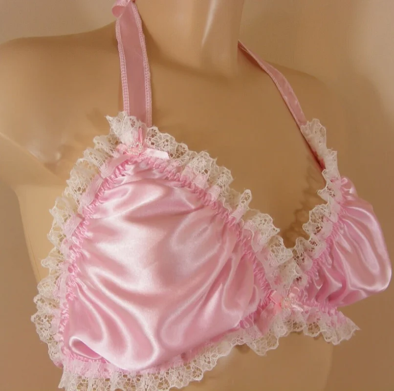 Sissy Silky Pink Satin Bra e Calcinha Conjunto, Top Roupa Interior, Lingerie Masculina, Calcinhas