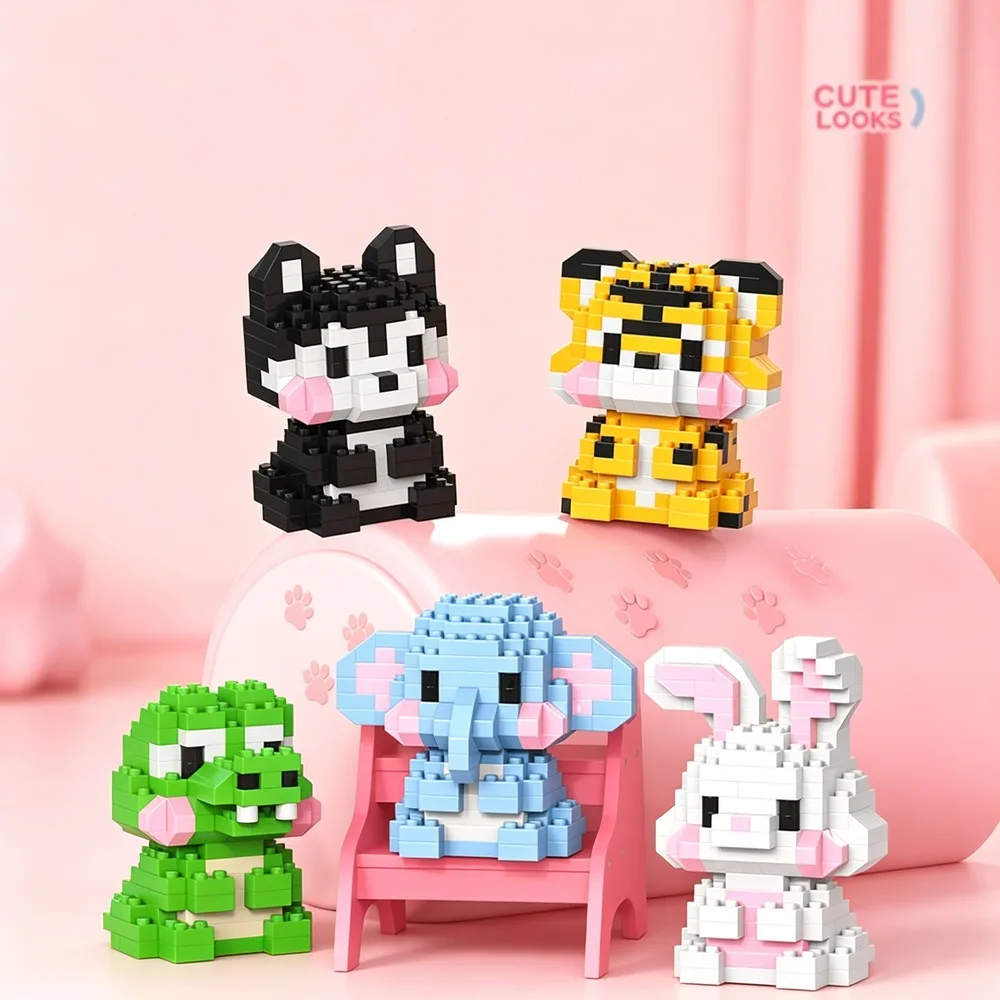 Cute Animal Figurine Micro Building Blocks DIY Assembly Model Tiger Lion Frog Elephant Penguin Duck Desktop Ornament Stress Fun
