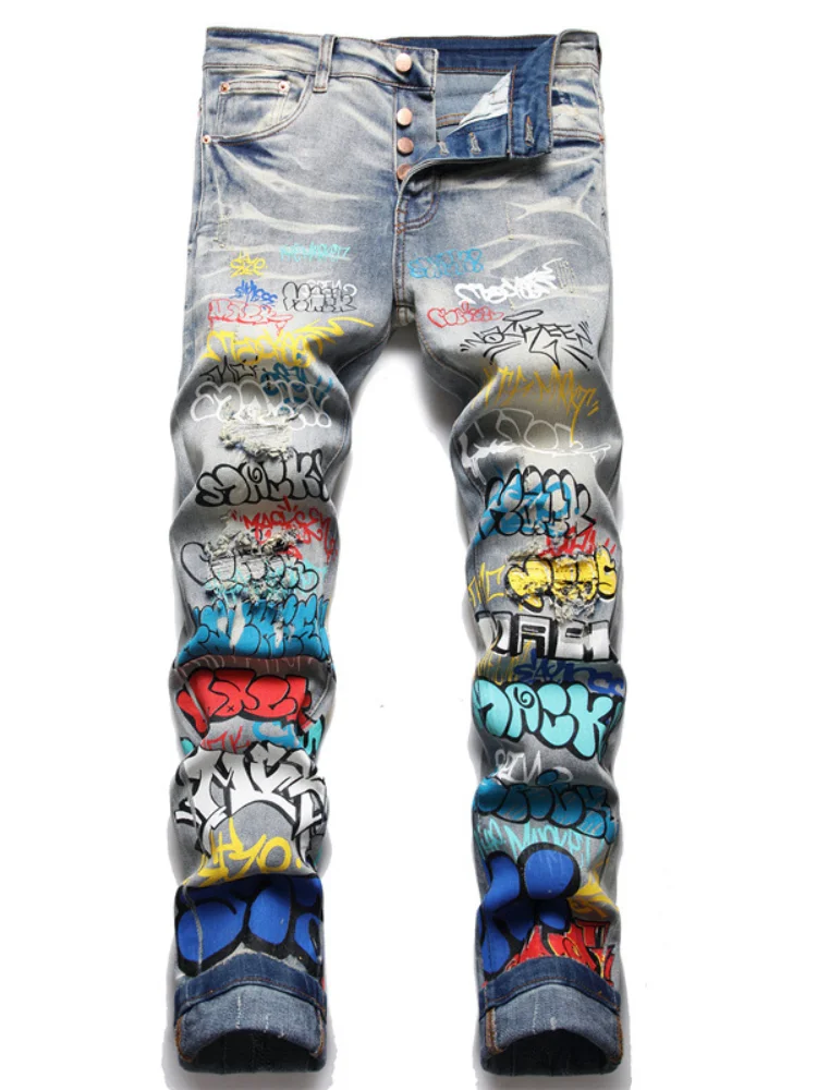 

Letter Graffiti Printed Denim Jeans Pants Mens Punk Bottons Biker Jeans Streetwear Slim Fit Hip Hop New Casual Y2k Pants Joggers