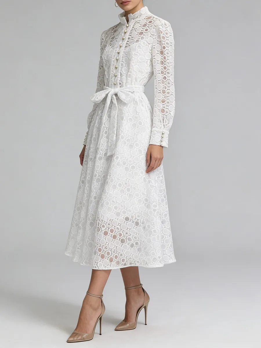 Robe minimaliste à pois ondulés en tissu transparent et uni TWOTWINSTYLE pour femmes, col rond, manches longues, patchwork, boutons, robes pour femmes