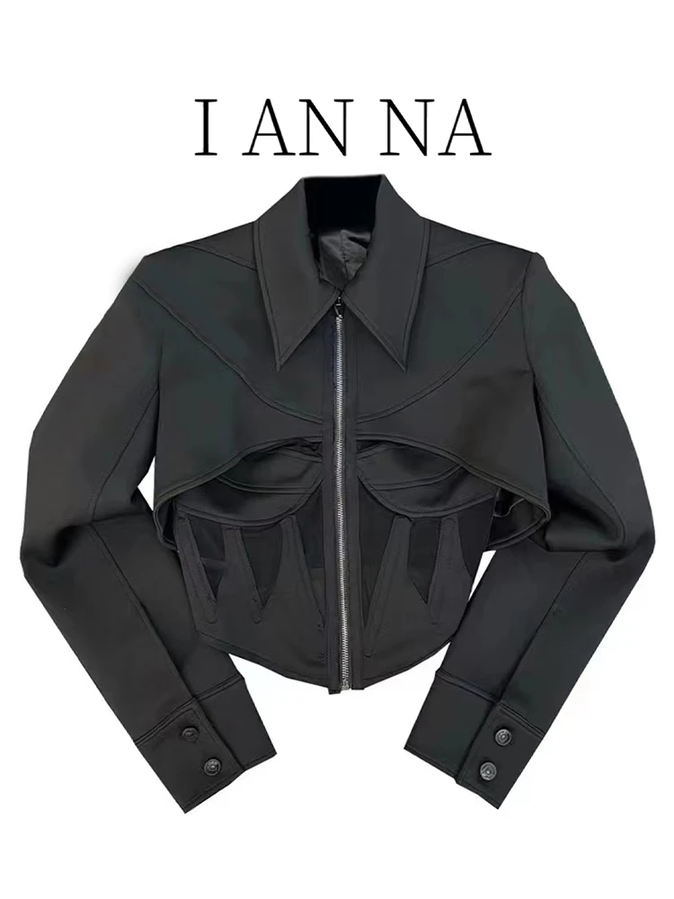Hollow out Short Thin Black Women's Suit Jacket Autumn 2023 New Style Commute Style Straight Cut Long Sleeve Zipper Closure