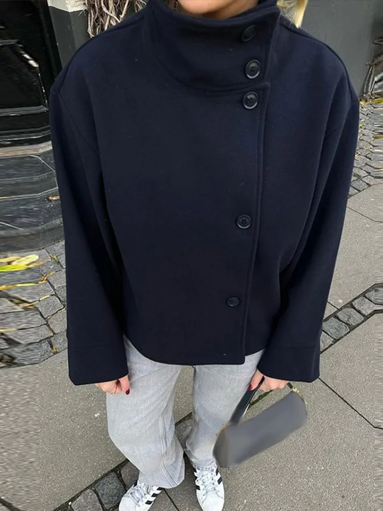 Abrigos informales de mezcla de lana para mujer, chaqueta gruesa y cálida de manga larga con cuello levantado y una hilera de botones, novedad de otoño 2025, prendas de vestir