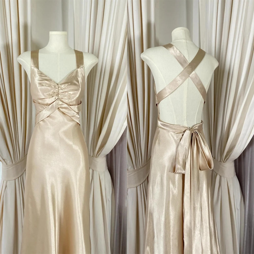 

Customized Delicate champagne Satin Evening Dress Elegant Graceful Strapless Spaghetti Straps Lace Up Back Special Occasion Gown