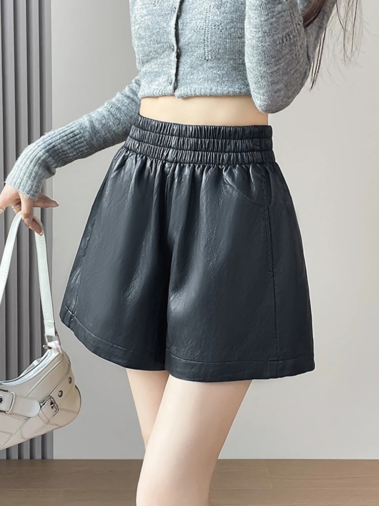 American Retro High Waist PU Leather orts Women's Autumn Loose Slimming Wide Leg Pants Faionable Casual Trousers