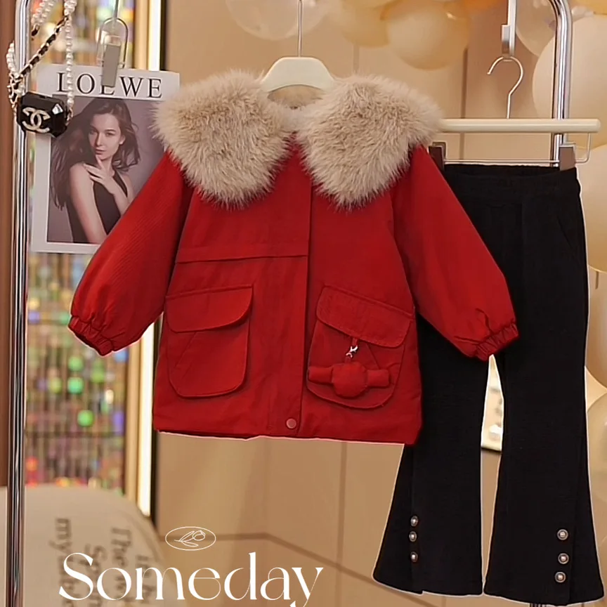 2023 Girls winter coat plus cashmere pie to overcome the coat Korean version of foreign style little girl down jacket