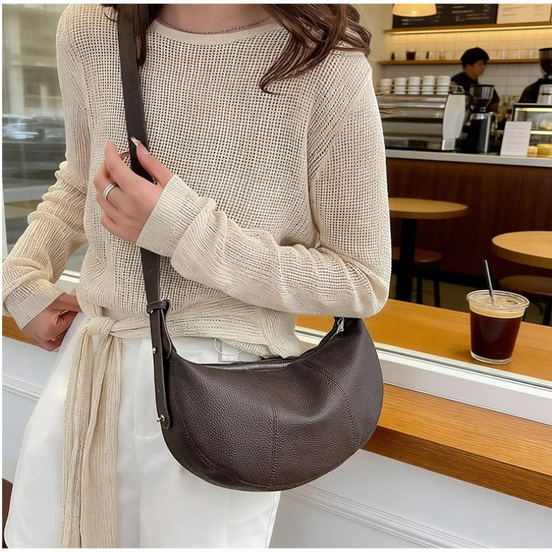 Damen Halbmondförmige Dumpling-Tasche aus Rindsleder, Vintage Unterarm-Schultertasche Crossbody-Handtasche für den Täglichen Arbeitsweg – Detail 11