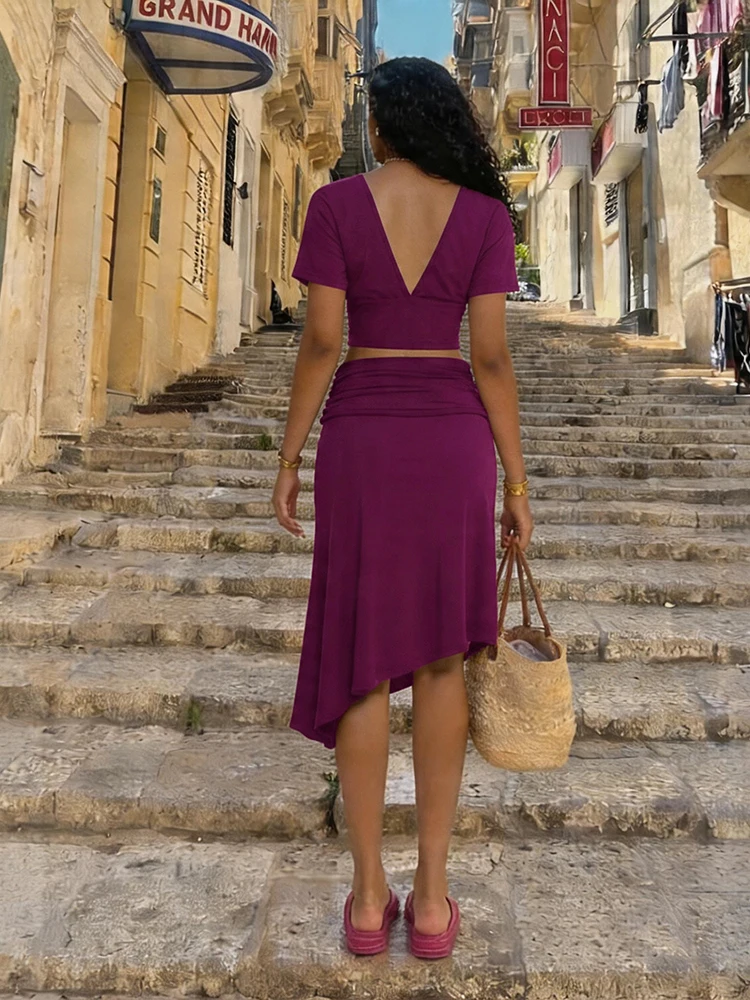 

Whatiwear Solid 2 Piece Set Woman V-Neck Backless Short Sleeve Crop Top+A-Line Low Waist Mid Skirt Fashion Ruched Elegant Suits
