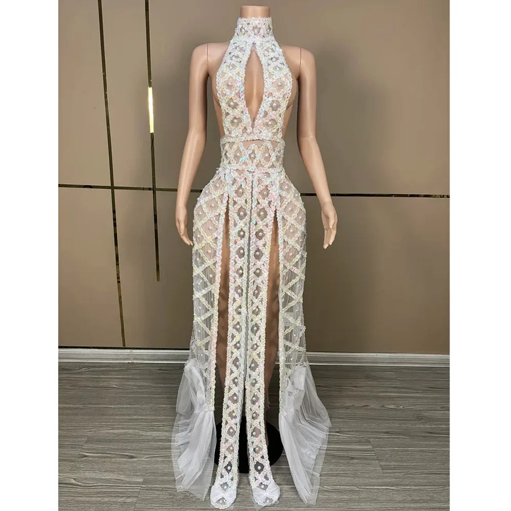 

Sexy Pearl Sequins Long Dress Evening Party Prom Catwalk Rhinestones Outfit Singer Model Bar Concert Stage Performance Costume