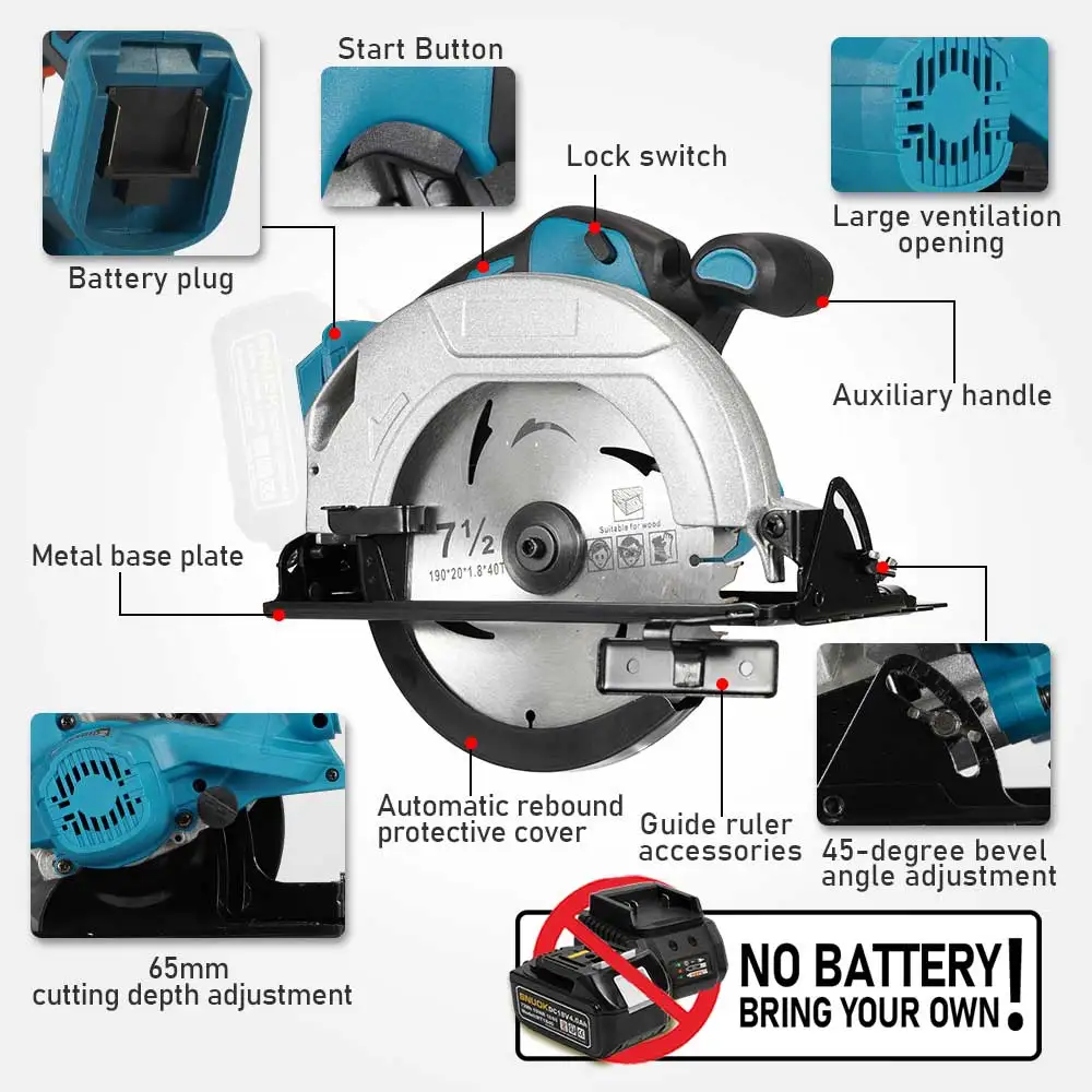 SNUOK-Sierra Circular eléctrica sin escobillas, máquina desnuda, herramienta eléctrica de corte de carpintería de mano inalámbrica para batería de litio Makita18V