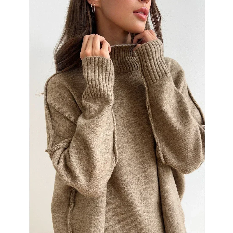 Lazy Style High Neck Knit Sweater Trouster Suit Autumn and Winter Women\'s Casual Elastic Loose Sweater Thick Warm Knit Pants Set