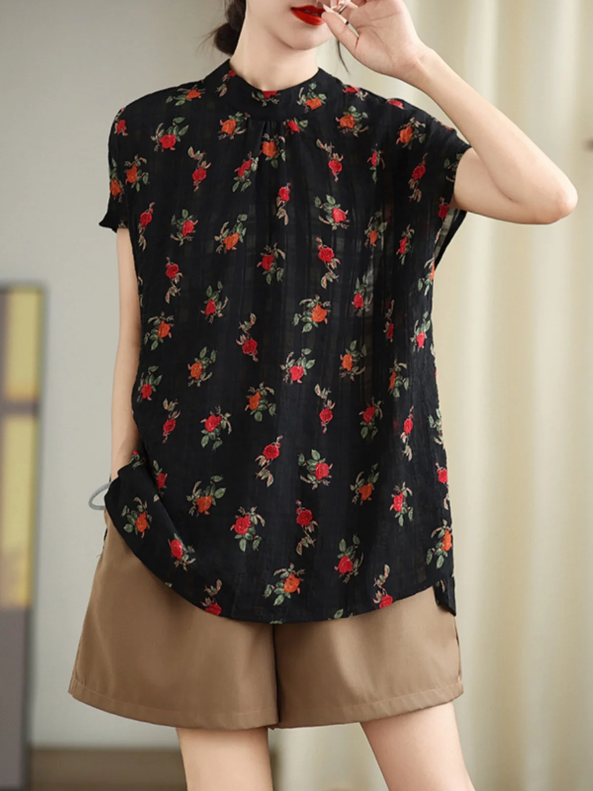 

Summer New Sle Artistic Retro Casual irt Women's Faionable Print Loose plus Size Single Button up Top Versatile irt