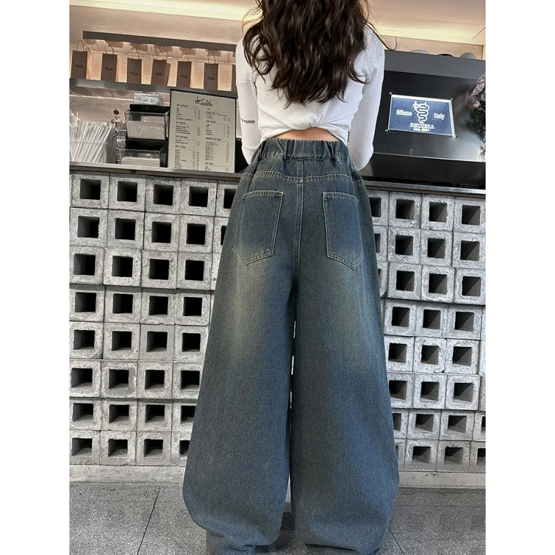 Girls Pants 2024 Autumn New Childrens Clothes Girls Baby Foreign Style Hair-edge Wide-leg Mop Jeans Casual Simple Daily