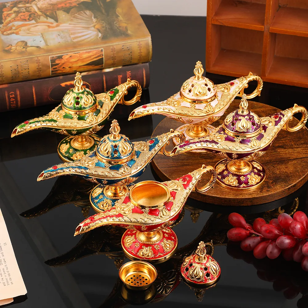 Retro Aladdin Magic Lamp Ornaments Light Luxury Magic Lamp Incense Burner Metal Crafts Gifts Desktop Decoration Incense Burner