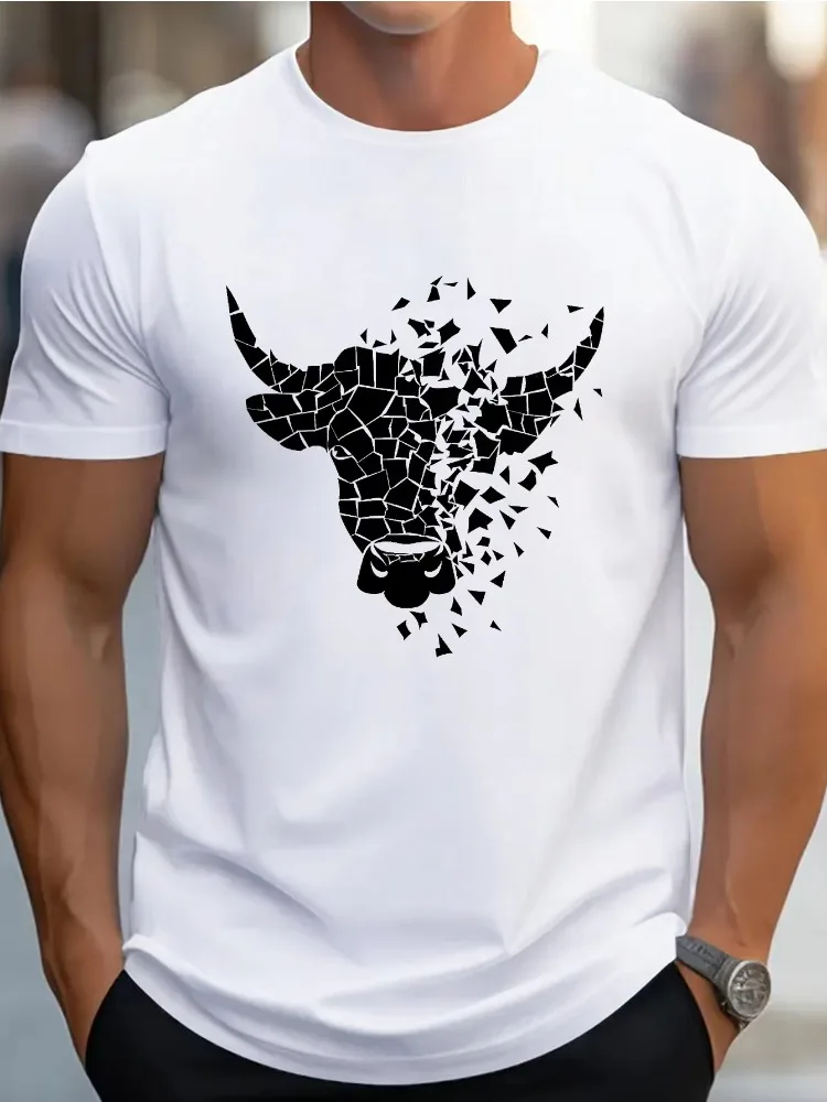 Men's Summer 100% Pure Cotton Fashionable Casual Loose Cow Head Print Sports Round Neck Short Sleeved T-shirt Versatile Top