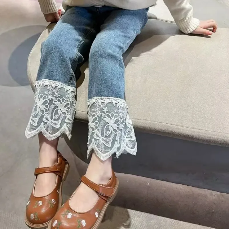 ربيع 2015 الاطفال الجينز فتاة الدانتيل السراويل الاطفال 2-7 سنة الفتيات السراويل الأطفال أزياء جديدة الخريف الملابس