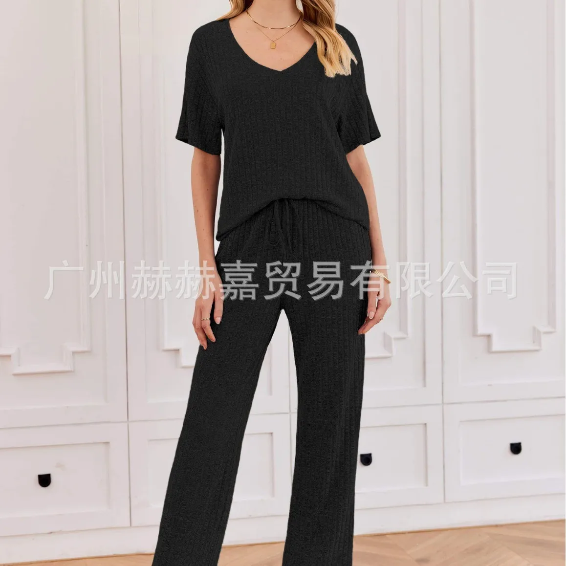 Women's 2-piece Set V Neck Top Wide Leg Pants Drawstring Waist Ribbed Knit Cropped Top Solid Color Relaxed Fit Casual Set