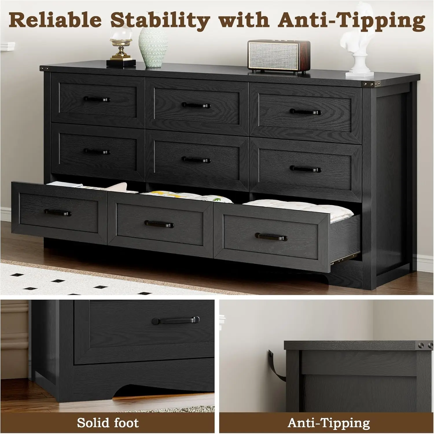 금속 손잡이가 있는 9단 서랍장, 넘어짐 방지 디자인
