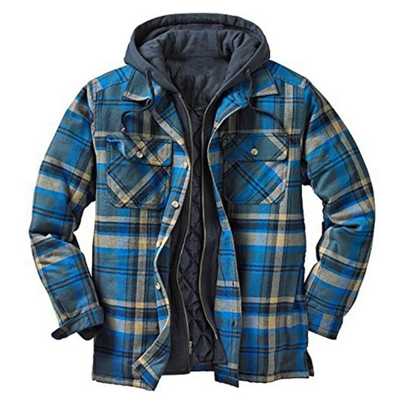 Hot-selling Men's Clothing, European And American Classic Plaid Printed Cotton-padded Clothes, Large-size Hooded Shirts And Jack