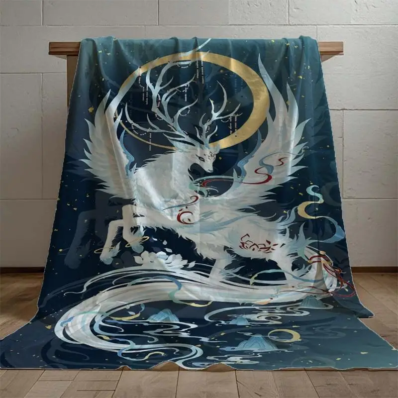White Mythical Dragon & Phoenix Blanket – Soft Flannel All-Season Throw,Turquoise & Gold Asian Design for Sofa, Travel & Gifting