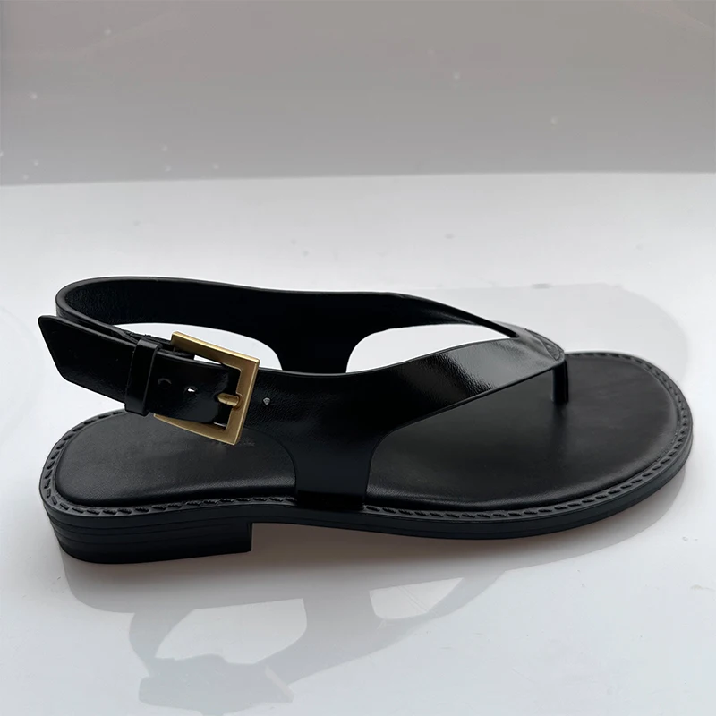 Mrxmus Dutit Women Shoes 2024 Summer New Black Buckle Design Fashion Sandals Leather Strap Flat Sandals Female