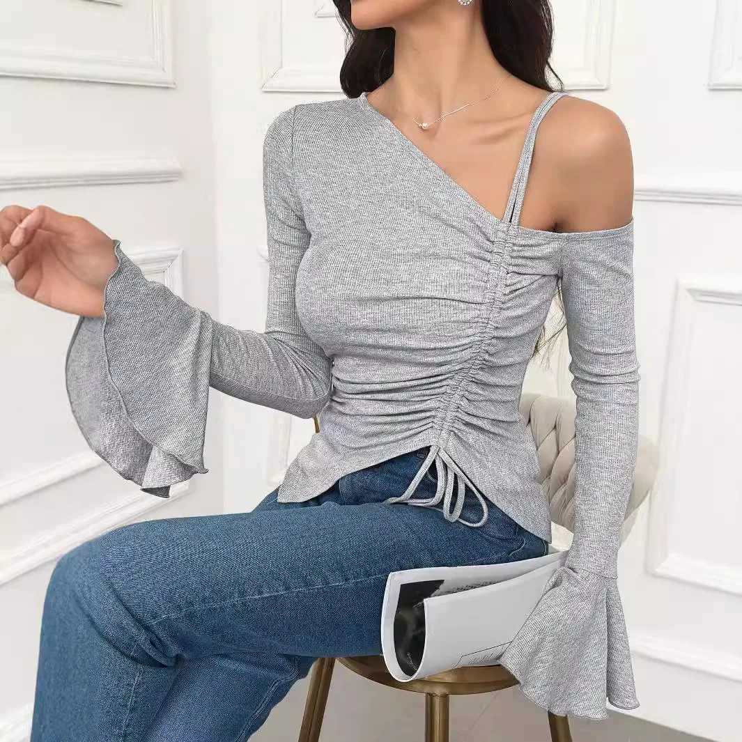 

Sweet And Spicy Diagonal Neck T-shirt Lotus Leaf Sleeve Unilateral Suspender Short Top Spring New Fashion Women's Clothing
