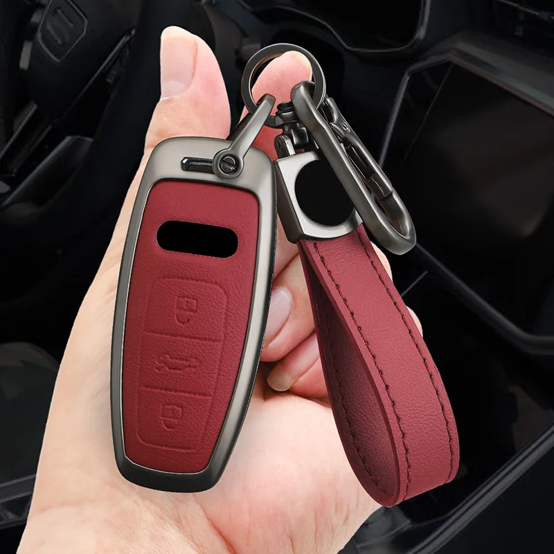 Metal Leather Car Key Case Cover For Audi A3 A4 B9 A6 A7 4K A8 E-tron Q5 Q8 C8 D5 SQ8 Protected Shell Fob Keychain Accessories