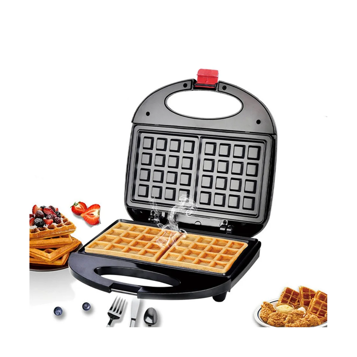 Press Waffles Grill with Non-Stick Board, Double-Sided Heating, Indicator Light, Easy to Use and Clean, Black EU Plug