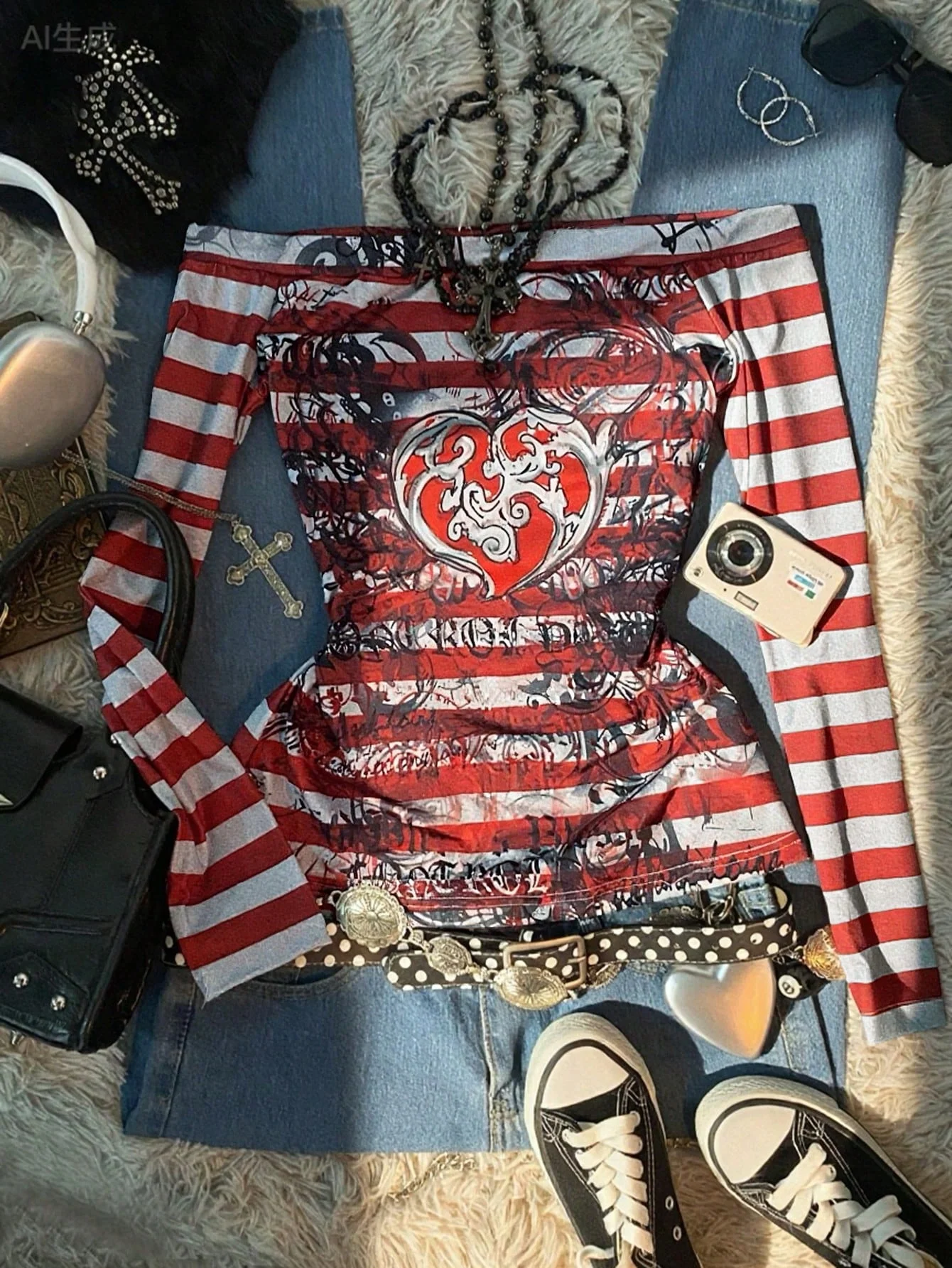 تي شيرت نسائي Y2K Sweet 2000S مطبوع عليه قلب الملاك الأحمر، مخطط بكتف واحد وأكمام طويلة، مناسب لموسم العودة إلى المدرسة، a g