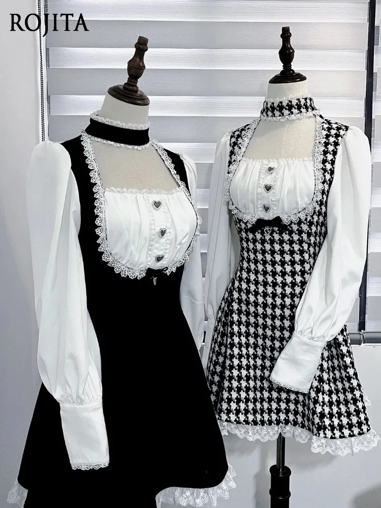 Vintage Houndstooth Fake Two Piece Dress Women Puff Sleeve Lace Collar Heart Button Tie Waist Sweet College Midi Dress