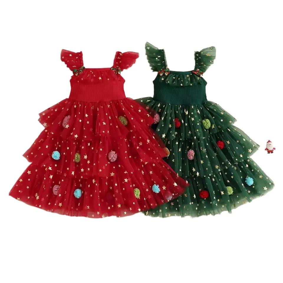 

1-7Years Fly Sleeve Girls New Year Christmas Princess Dress Plush Balls Stars Printed Mesh Vestidos Cute Baby Cake Dress
