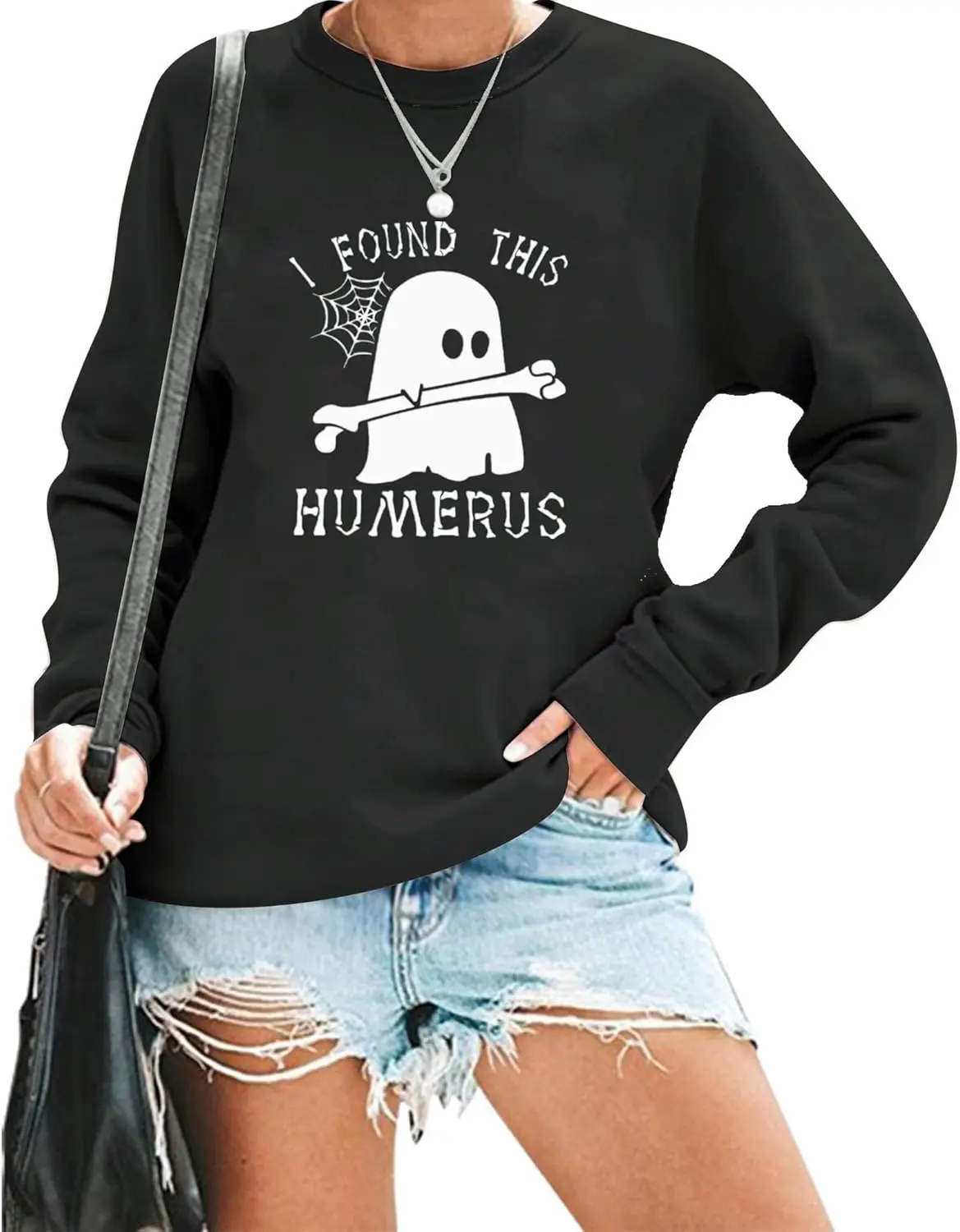 HAJIEXY Halloween Nurse Sweatshirts Women I Found This Humerus Ghost Tops Casual Fall Long Sleeve Halloween Pullover Tops