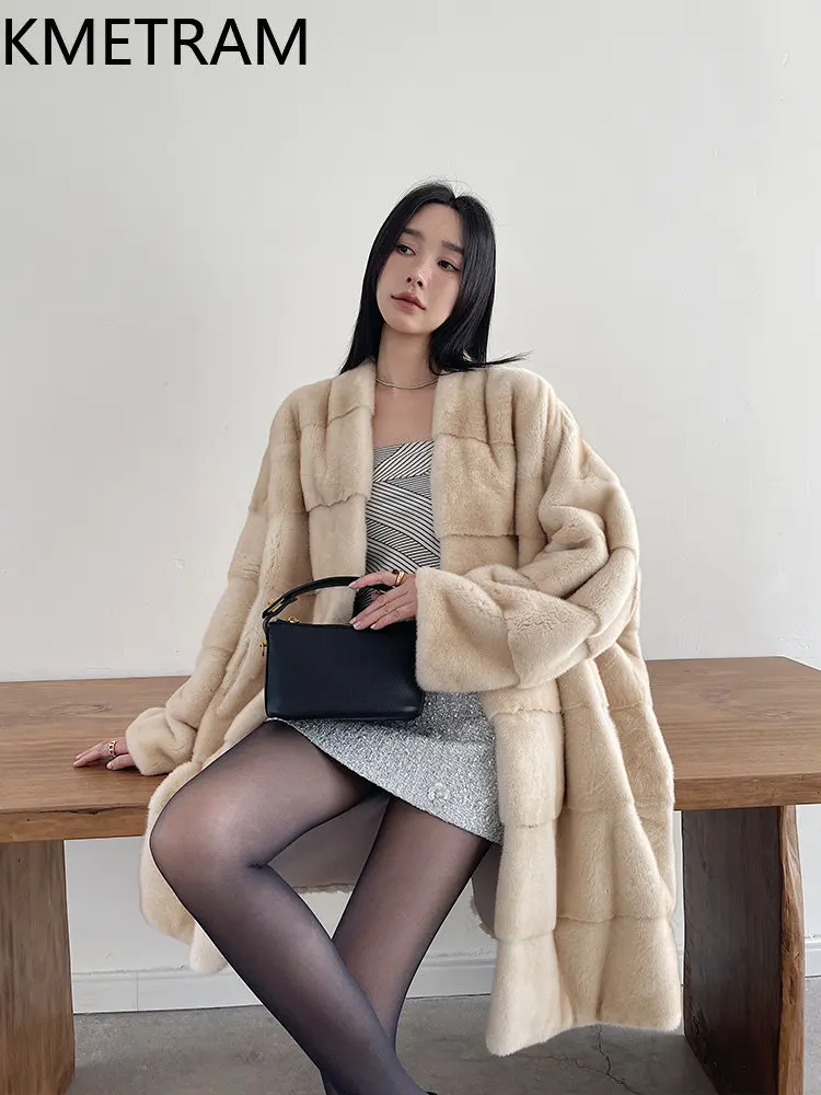 KMETRAM Natural Whole Velvet Mink Fur Coat Woman Luxury V-Neck Fur Jacket Winter Mid-Length Coats Women Clothing 90cm 2026 шуба