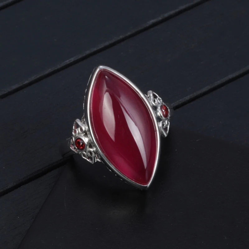 

S925 silver inlaid natural red chalcedony Marquise shape rings for women retro ethnic style Wedding Jewelry adjustable