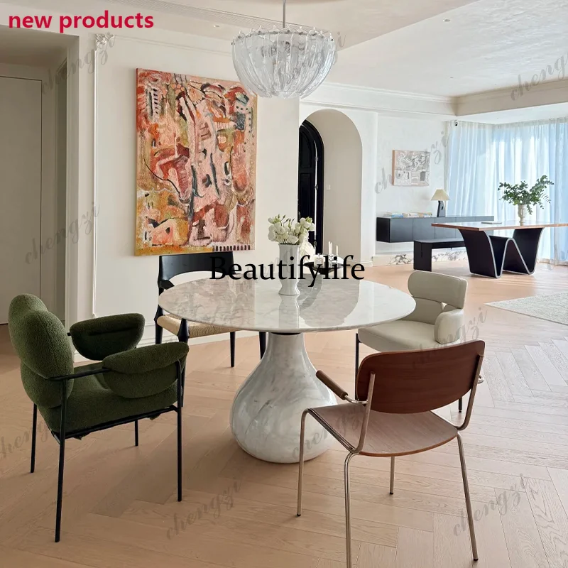 a68French cream wind white natural dining table Italian simple marble round table