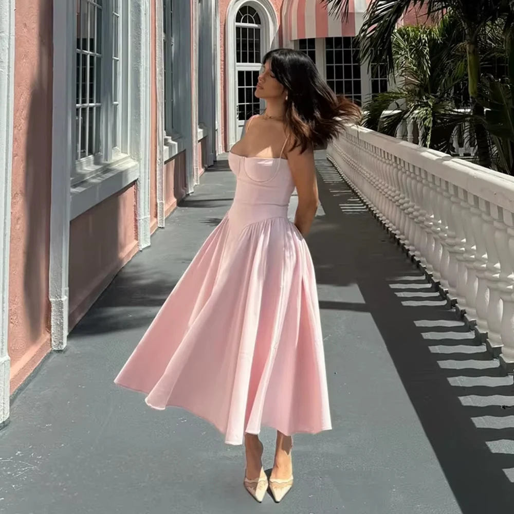 

Customized Spaghetti Strap Pink Evening Dresses Sleeveless Back Zip Prom Dress Tra-length Prom Gowns